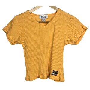 Papas &‎ Beer Crop Top L 90s V-Neck Ribbed T-Shirt Baja Mexico Bar Logo Tee VTG